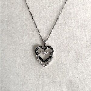 Black/White Diamond Double Heart Pendant 925 Sterling Silver Necklace 1/6 Carat